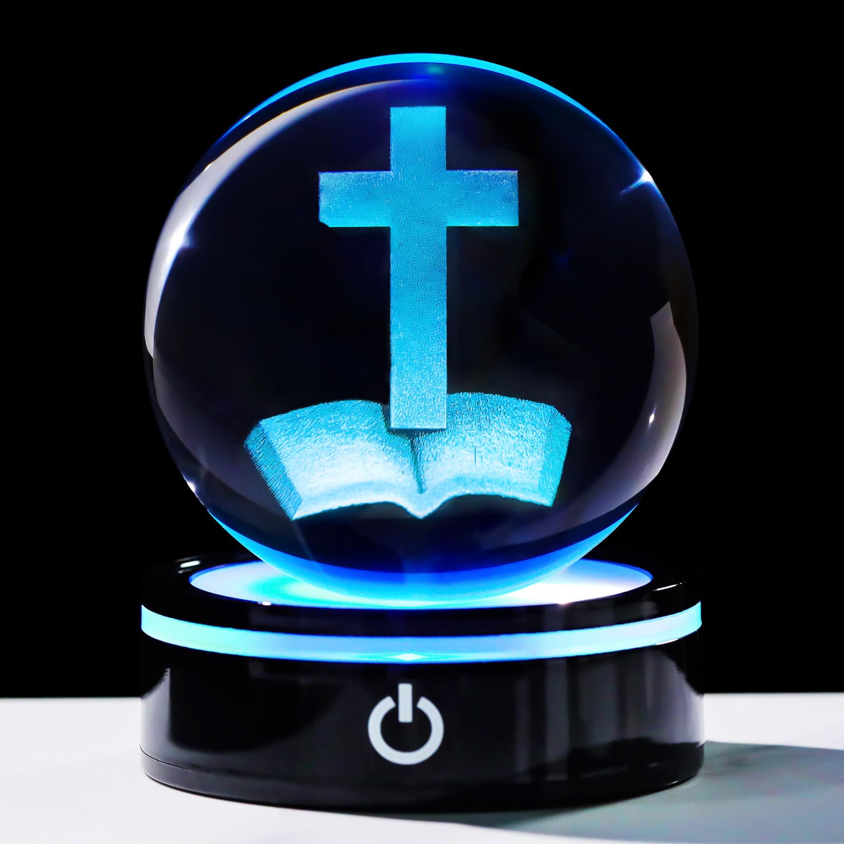 YWHL 3.14In 3D Crystal Cross Ball Figurine with Colorful Light Base, Laser Engraved Glass Bible Religious Gifts for Wome Men, Christian Collectible Decoration for Home Office(80mm)