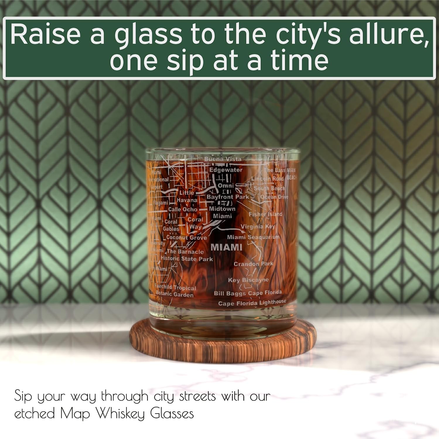 Greenline Goods Whiskey Glasses - 10 Oz Tumbler Set for Miami lovers, Etched with Miami City Map Old Fashioned Rocks Glass - Set of 2 - Image 2
