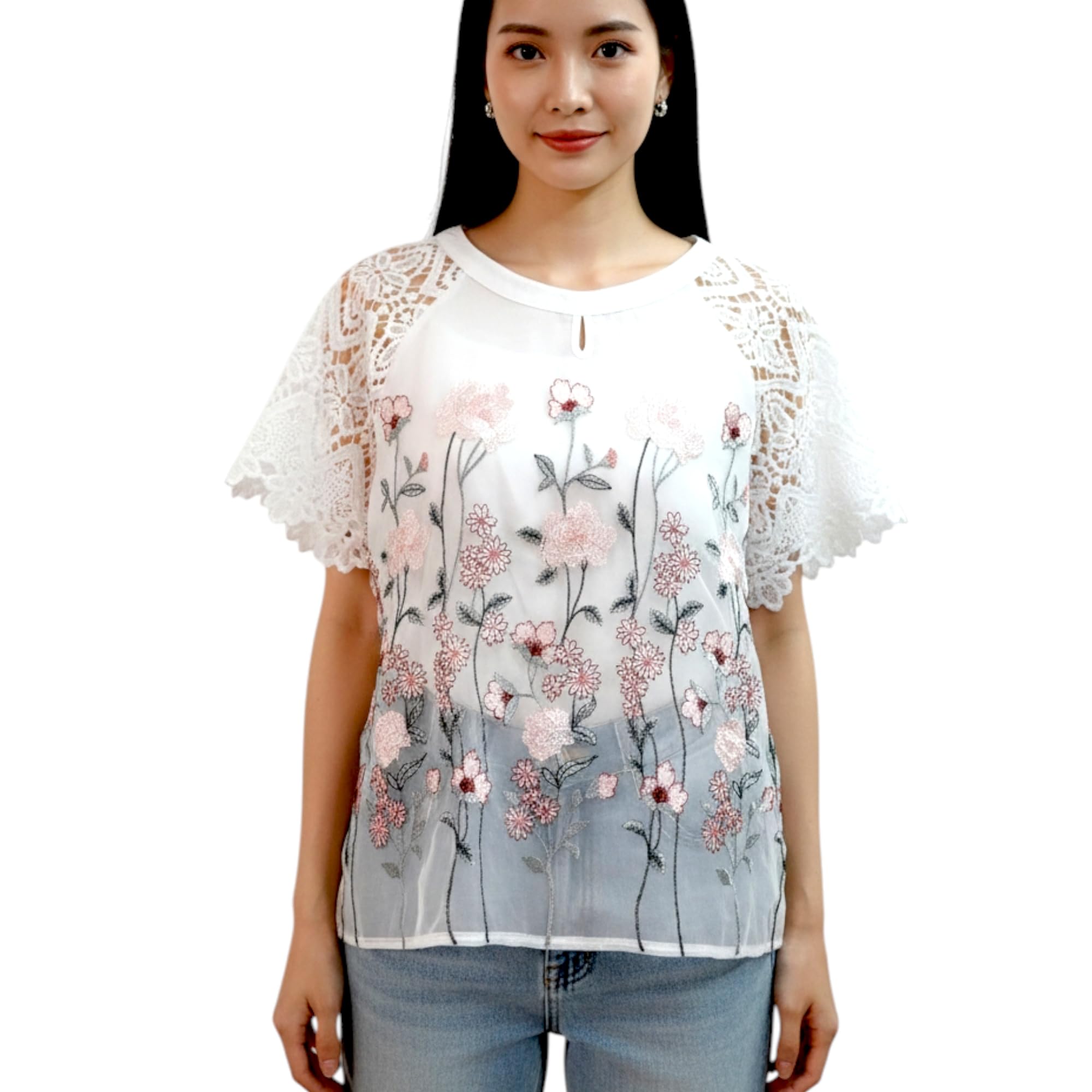 Women's Embroidered Floral Lace Top, White with Pink and Grey Flowers, Peter Pan Collar, Short Sleeve-image-23