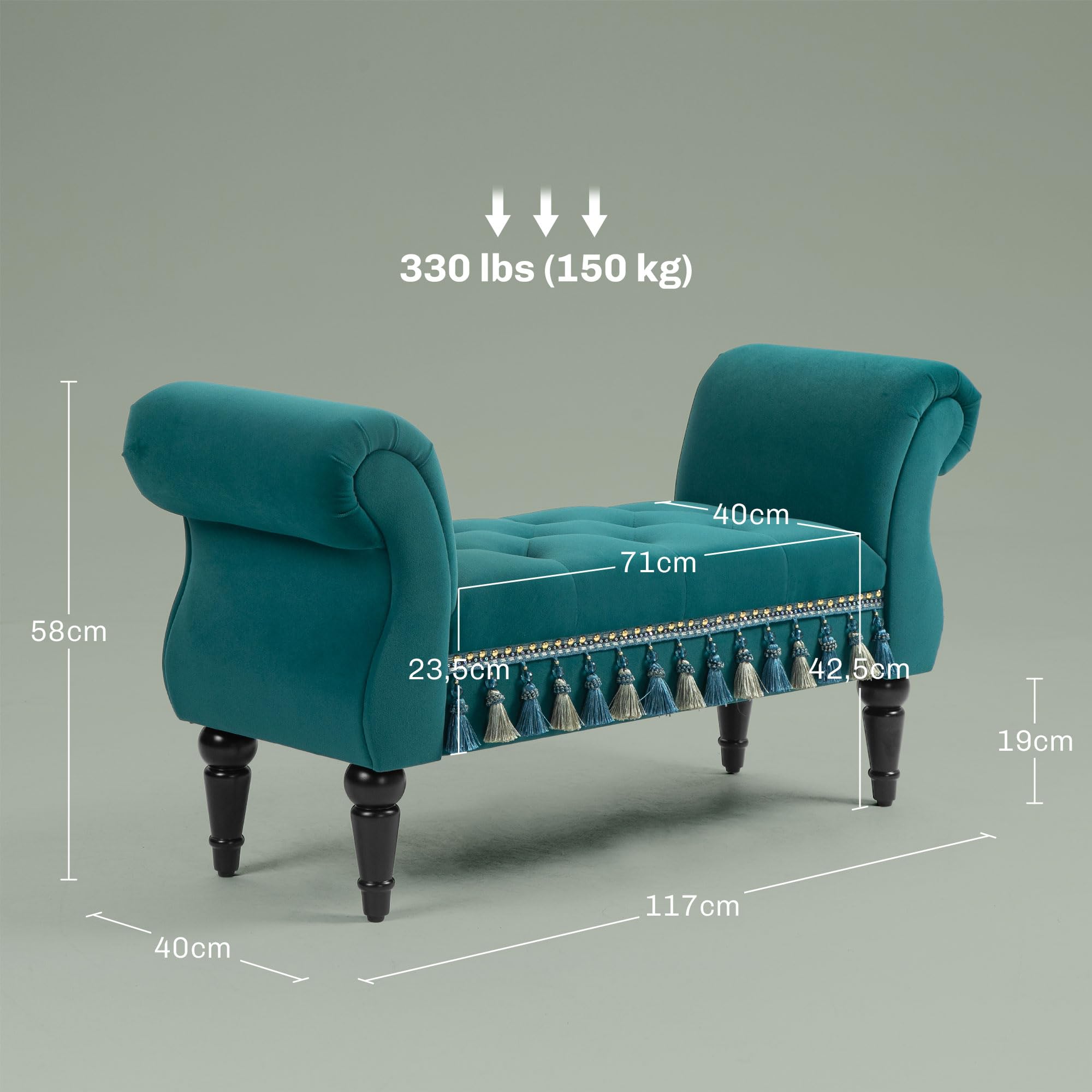HOMCOM Banc Banc rembourré, aspect velours, banc de luxe avec pieds en bois, banc d'entrée pour chambre à coucher, charge maximale 150 kg, vert, 117 x 40 x 58 cm