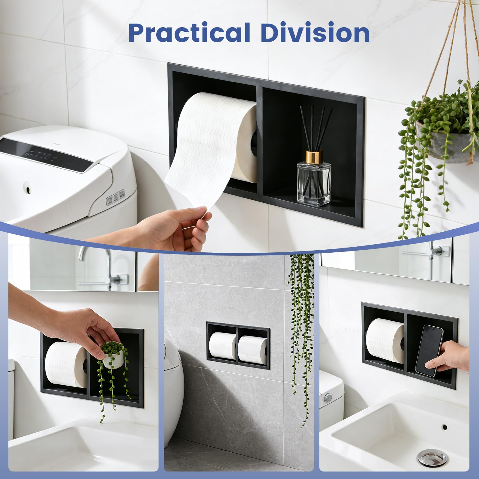 Portarrollos Papel Higiénico Empotrado, Acero Inoxidable 304 Portarrollos Grueso Mueble Baño Nicho Pared 31×15×10Cm con Borde Enrollado 1 Cm Estante Pared Papel Higiénico (Negro, A)