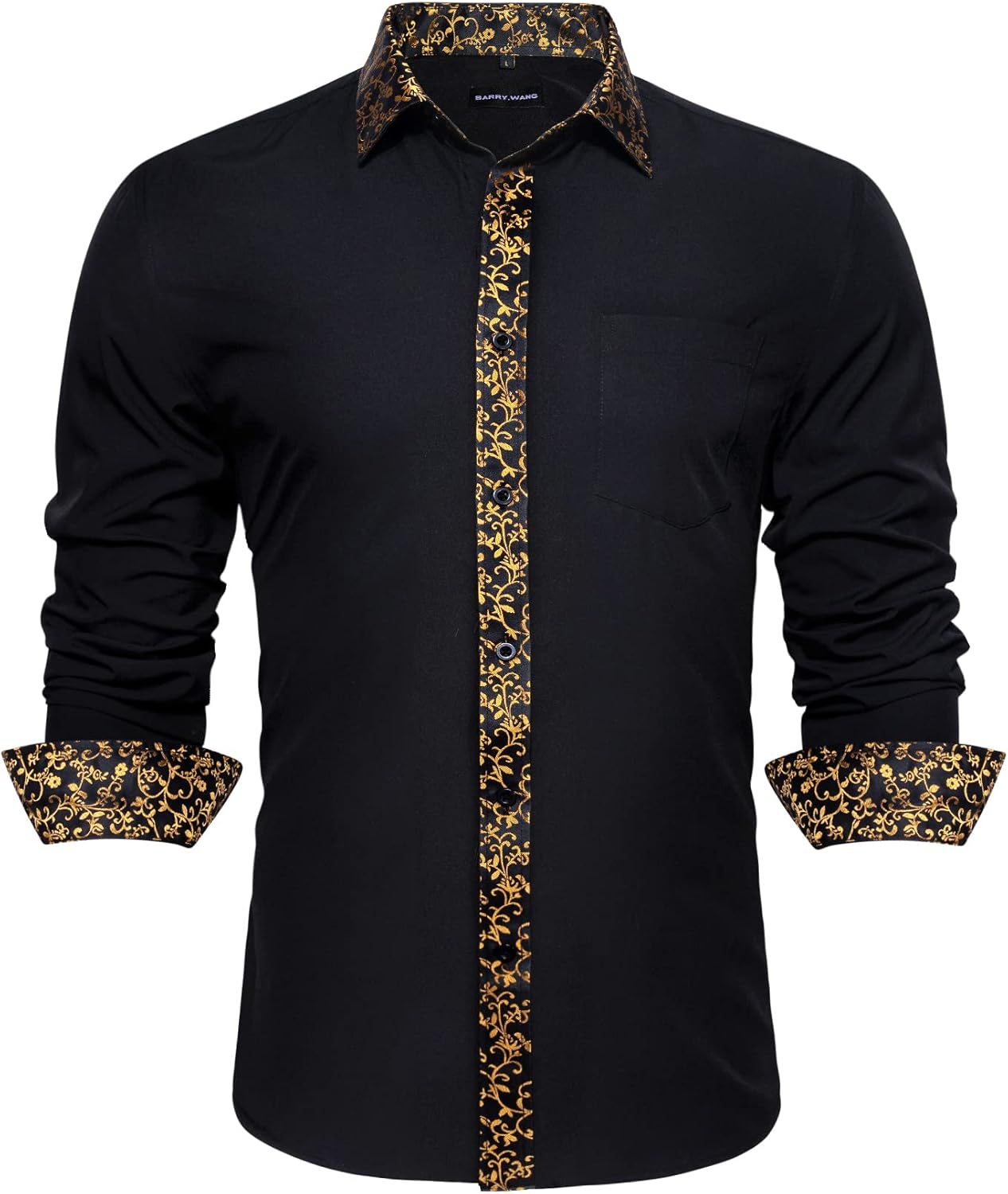 BarryWang Camisas casuales para hombre camisa de vestir clásica con botones camisa formal de manga larga con estampado de contraste interior y