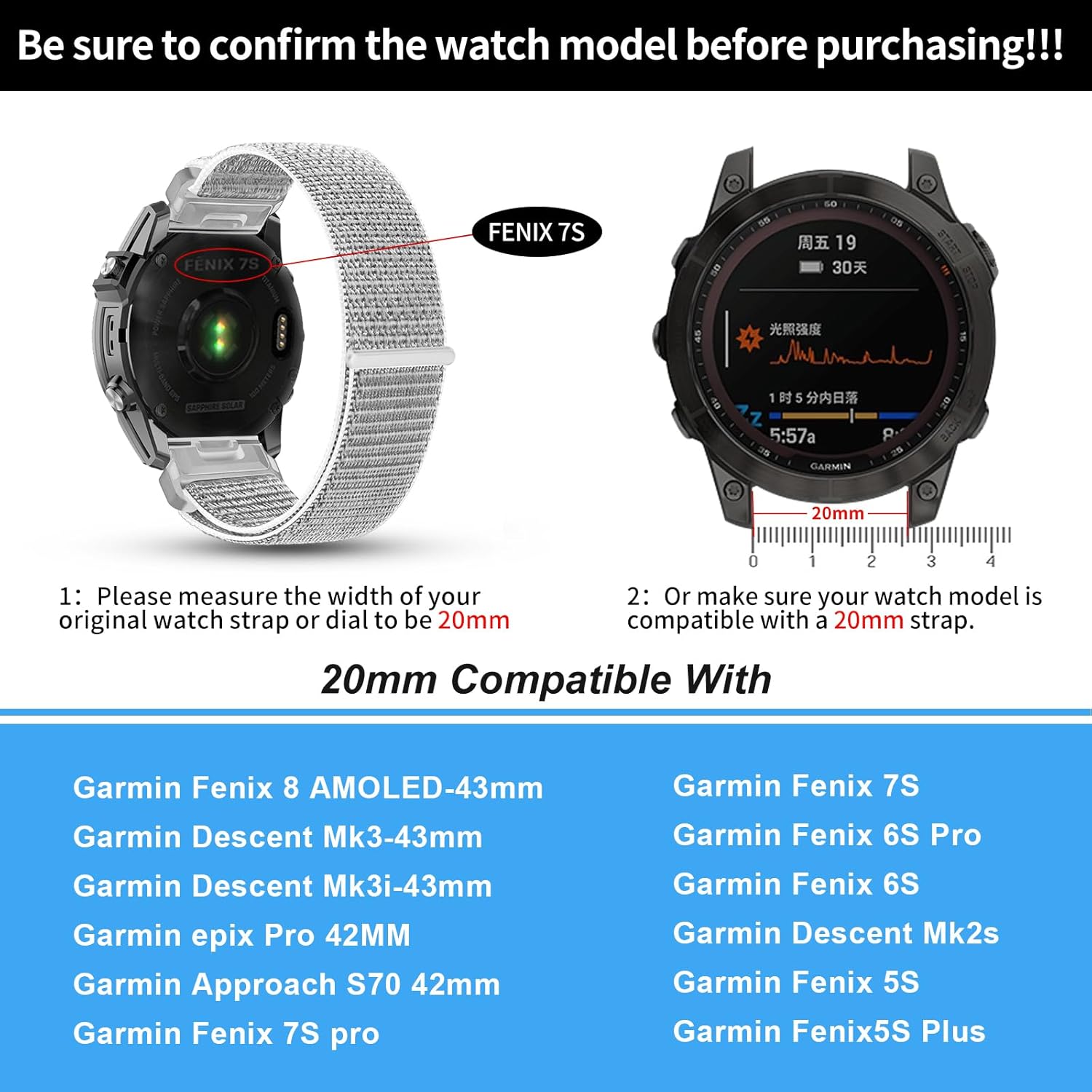 20mm Nylon Watch Bands for Garmin Fenix 8 AMOLED-43mm/7S Pro/7S/6S Pro/ 6S,QuickFit Sports Strap for Fenix 5S plus/5S/Descent Mk2s/Descent Mk3i 43mm/Approach S70/epix Pro 42mm - Image 3