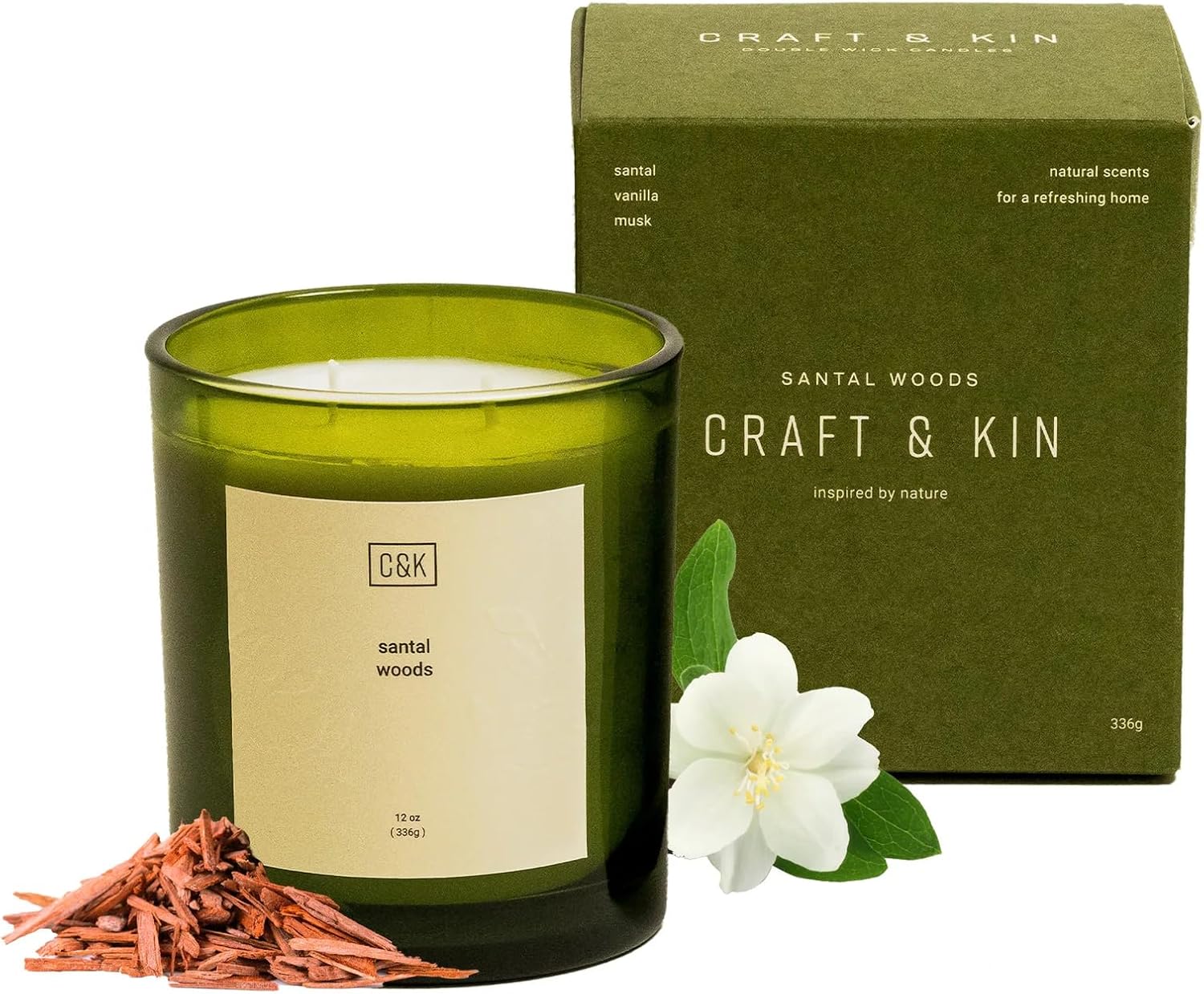 Craft & Kin 12oz Santal Woods Scented Candle for Home | Premium Green Winter Scented Candles for Men | Made with Natural Soy | Gifts for Men and Women | Nature Collection