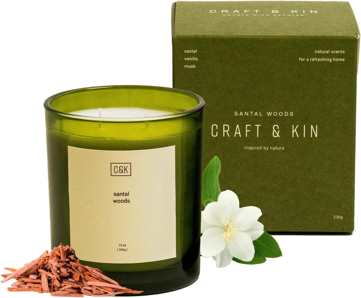 Craft & Kin 12oz Santal Woods Scented Candle for Home | Premium Green Winter Scented Candles for Men | Made with Natural Soy | Gifts for Men and Women | Nature Collection