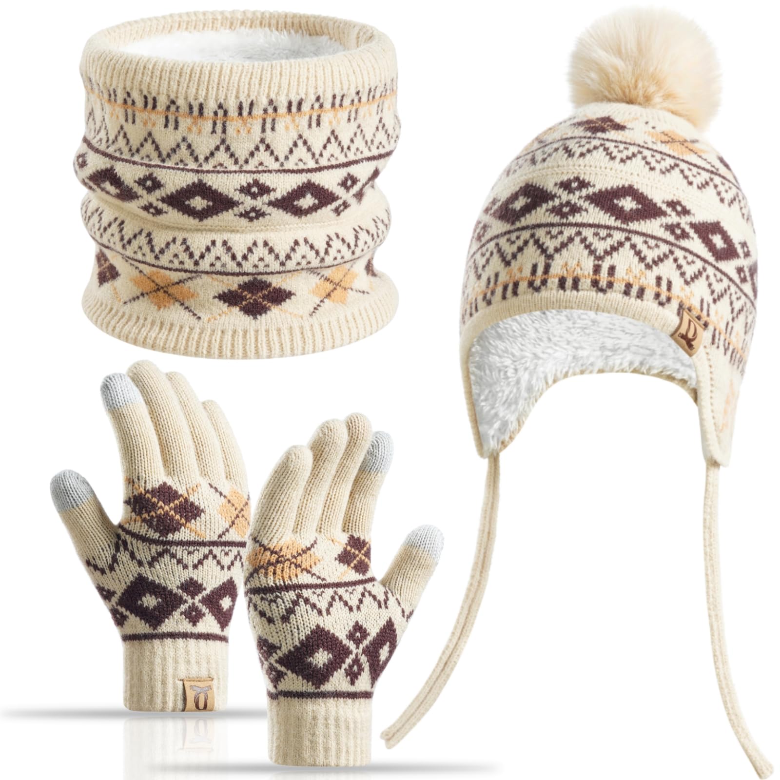 Juego de 3 piezas de invierno para niños con forro polar y gorra, polaina para el cuello, guantes para 3-8 años con pompón, cálidos, pantalla táctil, nieve, escuela, uso al aire libre
