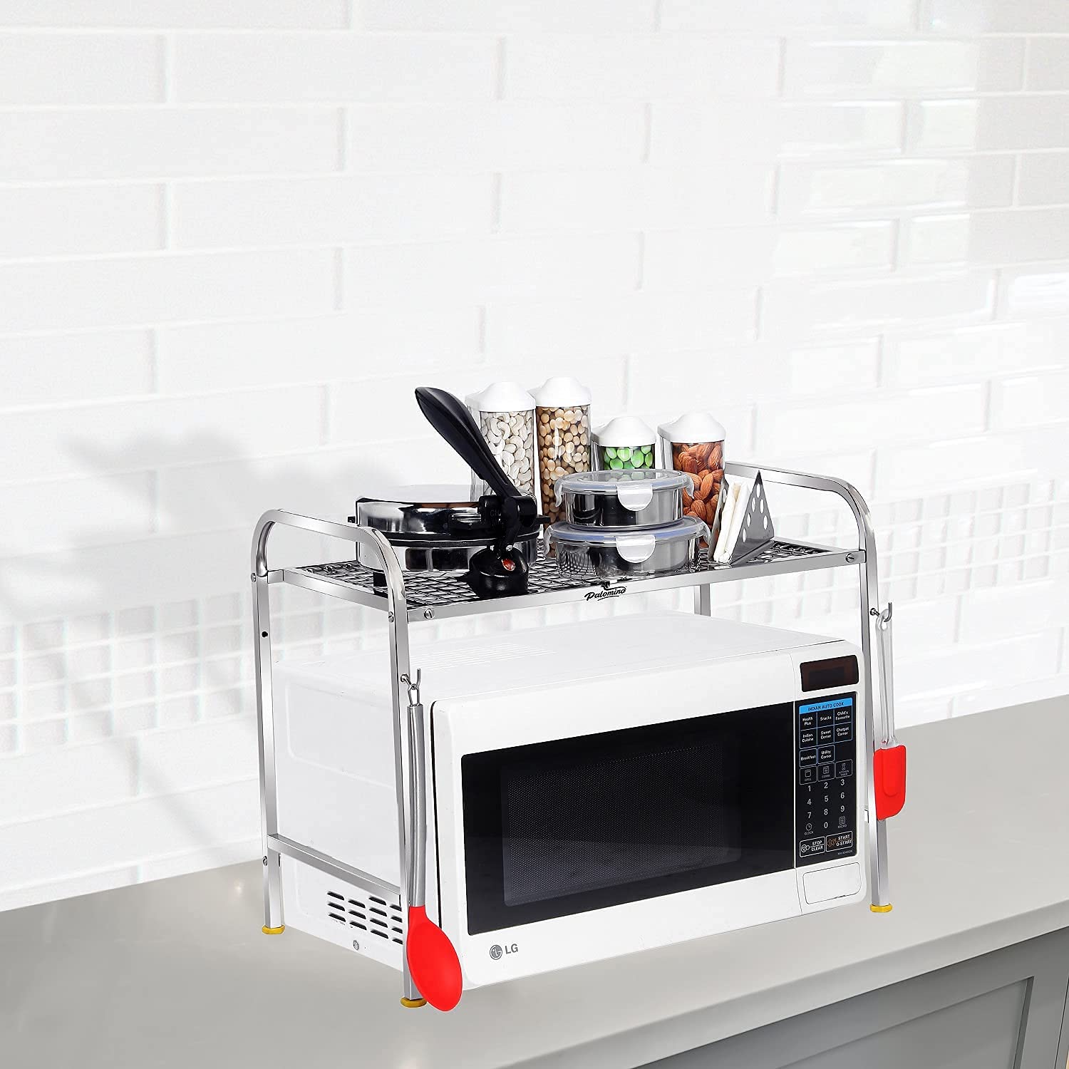 Palomino Kitchen Microwave Shelf, Microwave Stand Kitchen Counter Shelf Organizer, Spicy Shelf Rack Toaster Organizer, Microwave Oven Rack, 1 Tiers with 2 Hooks (58 x 38 x 8 cm) 4