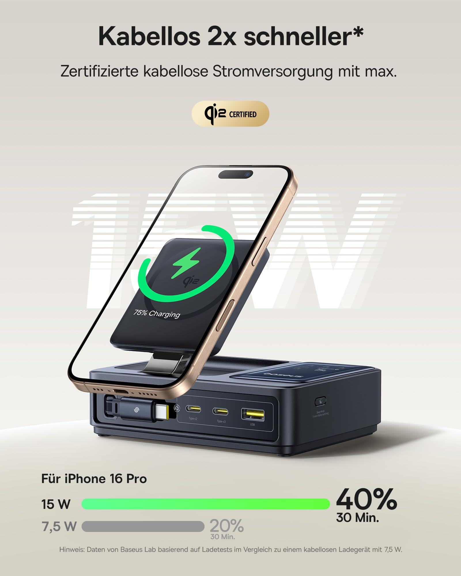 Baseus NOMOS 5-w-1 Stacja Ładowania, 140W Ładowarka USB-C z ładowaniem MagSafe Qi2.0 15W, chowany kabel USB-C, 2USB-C+ USB-A, z wyświetlaczem cyfrowym, kompatybilna z iPhone17/16/15/14, MacBook