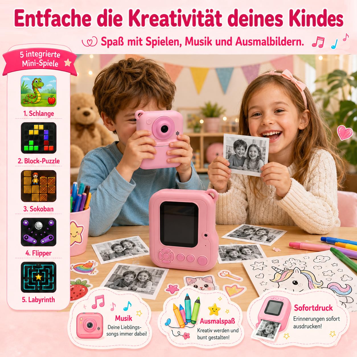 Kinderkamera mit Sofortdruck – 2.4 Zoll Sofortbildkamera Kinder, HD 1080P, inkl. 32GB Karte & Druckpapier, kinderkamera sofortbildkamera, Geschenk für Mädchen & Jungen, Rosa (3-12 Jahre)
