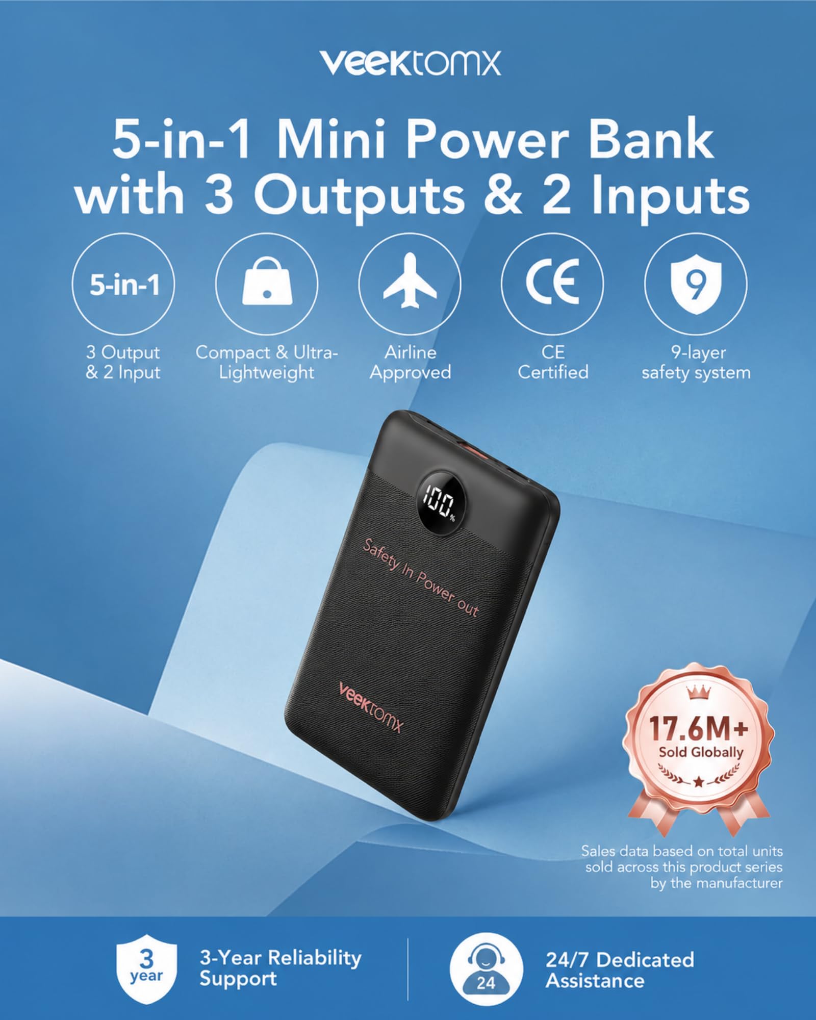 VEEKTOMX Power Bank - Caricabatterie portatile USB C da 10000 mAh con PD QC 3.0, batteria esterna compatta per iPhone, Samsung, Travel Essentials (nero)