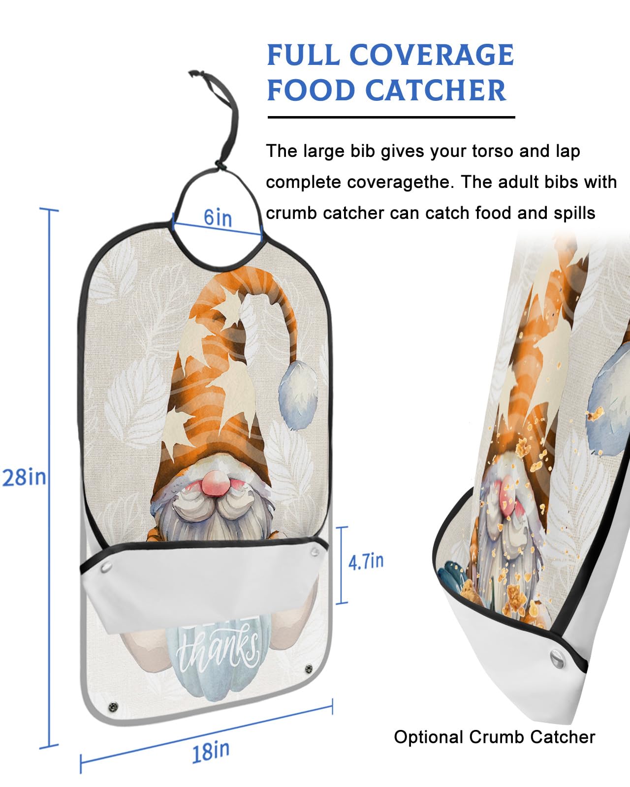 Fall Gnomes Adult Bibs for Eating, Waterproof Bibs with Food Catcher & Snap Closure, Thanskgiving Blue Pumpkin Give Thanks Maple Leaf Washable Clothing Protectors Adult Bibs for Elderly Women/Men