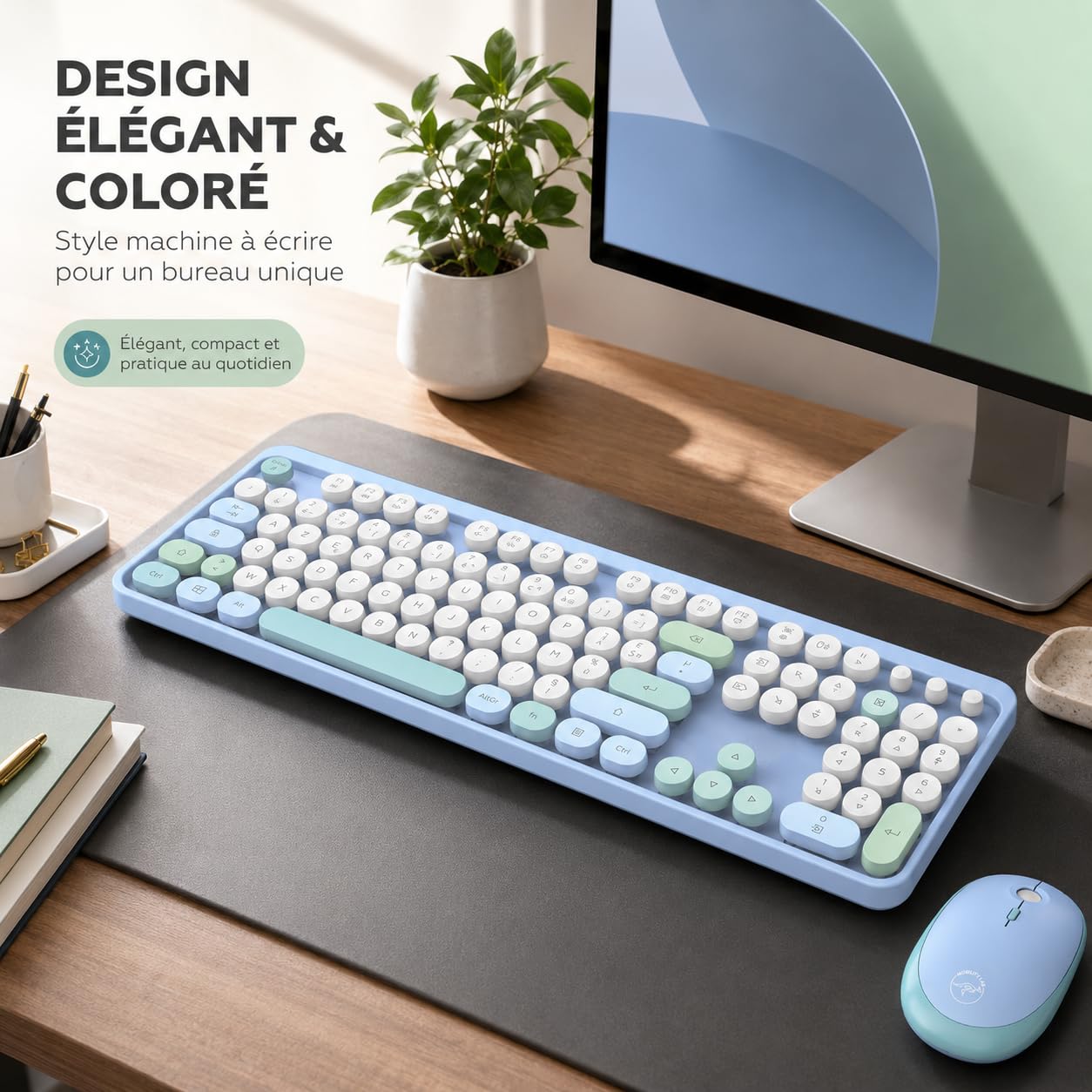 Mobility Lab – Combo Clavier + Souris sans Fil Pure Color – FR AZERTY, Touches Plates et sensibles, Design Compact, Raccourcis, Pavé numérique, Compatibilité Windows