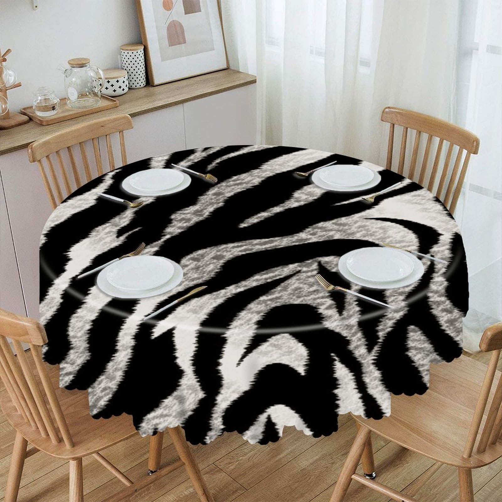 VstaDank Black and White Zebra Print Round Tablecloth Wipeable Round Polyester Tablecloth Waterproof Wrinkle Free Indoor and Outdoor Table Cover 60 Inch Decorative Farmhouse Table Cloth for Dining