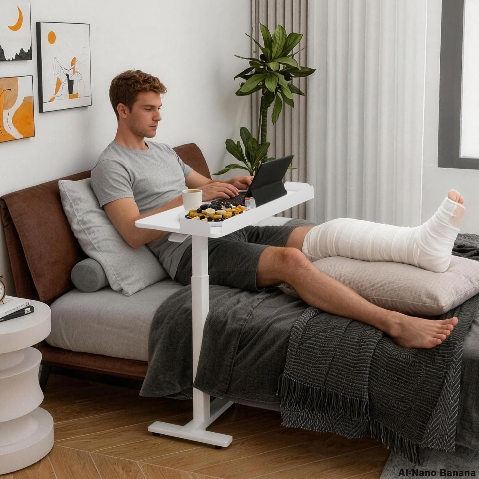 PUNCIA Table de Lit allongée de 90cm avec 4 Roues Bureau Debout (Blanc)