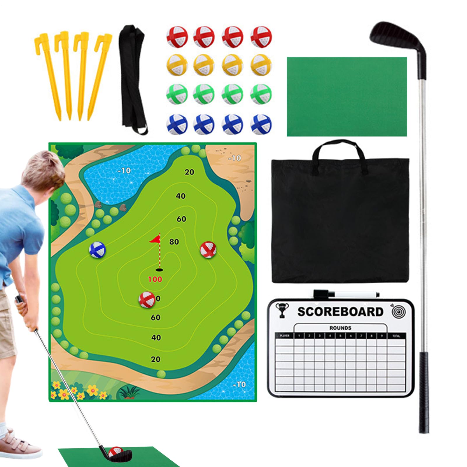Walcząca gra w golfa - zestaw do rajstop golfowych z klubem dla przyjemnej praktyki, zielona regulowana mata do postawienia dla początkujących, sprzęt rodzinny do użytku wewnątrz i na zewnątrz