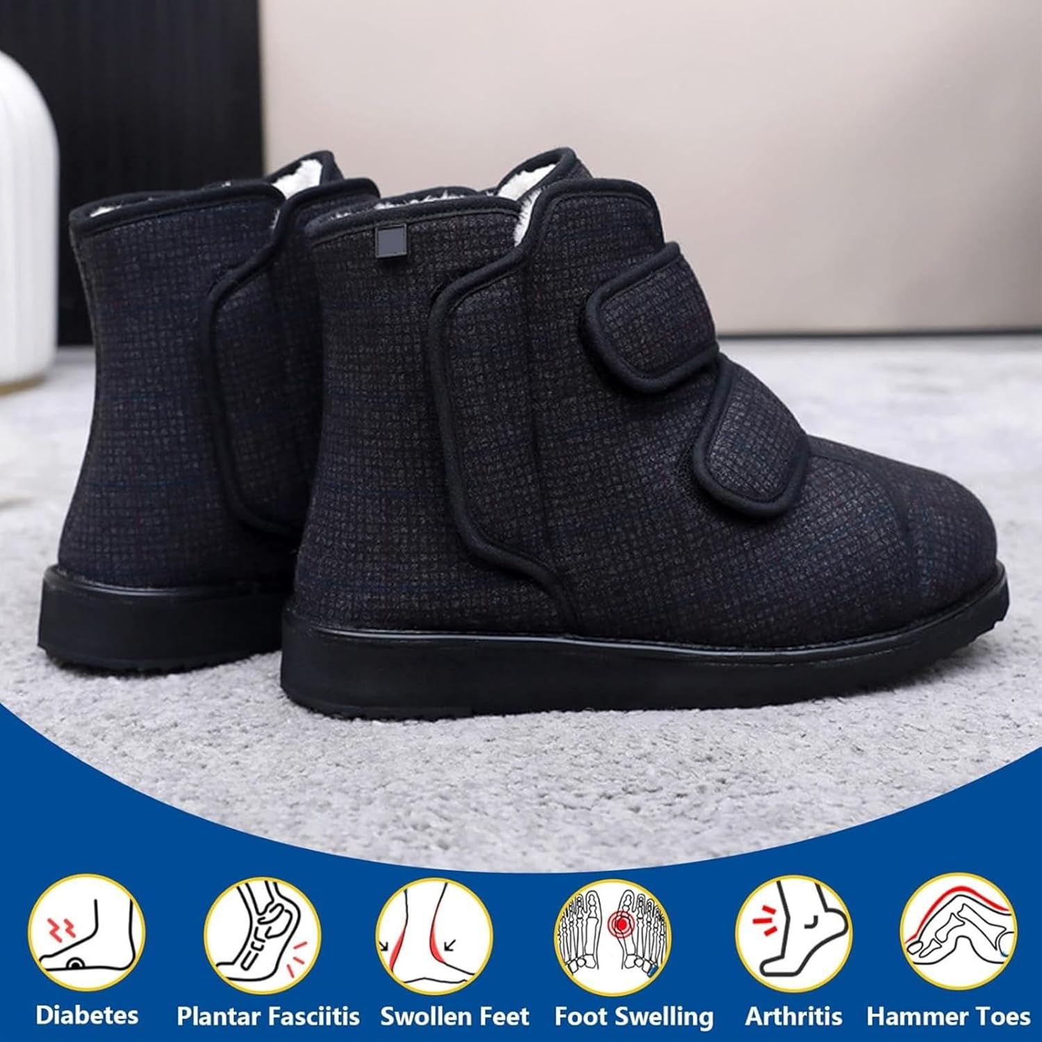 Comfortable Winter Boots for Diabetic Men & Women, Wide Width Fit, Adjustable Strap Design, Warm Fur Lining, Non-Slip Snow Outdoor Shoes for Sensitive Feet