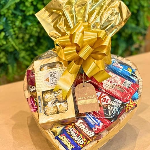 Cesta De Chocolate Em Formato De Coração Com Lindo Laço - Perfeito para Natal, Dia dos Pais, Dia dos Namorados, Presente Corporativo (Tamanho total, Dourado)