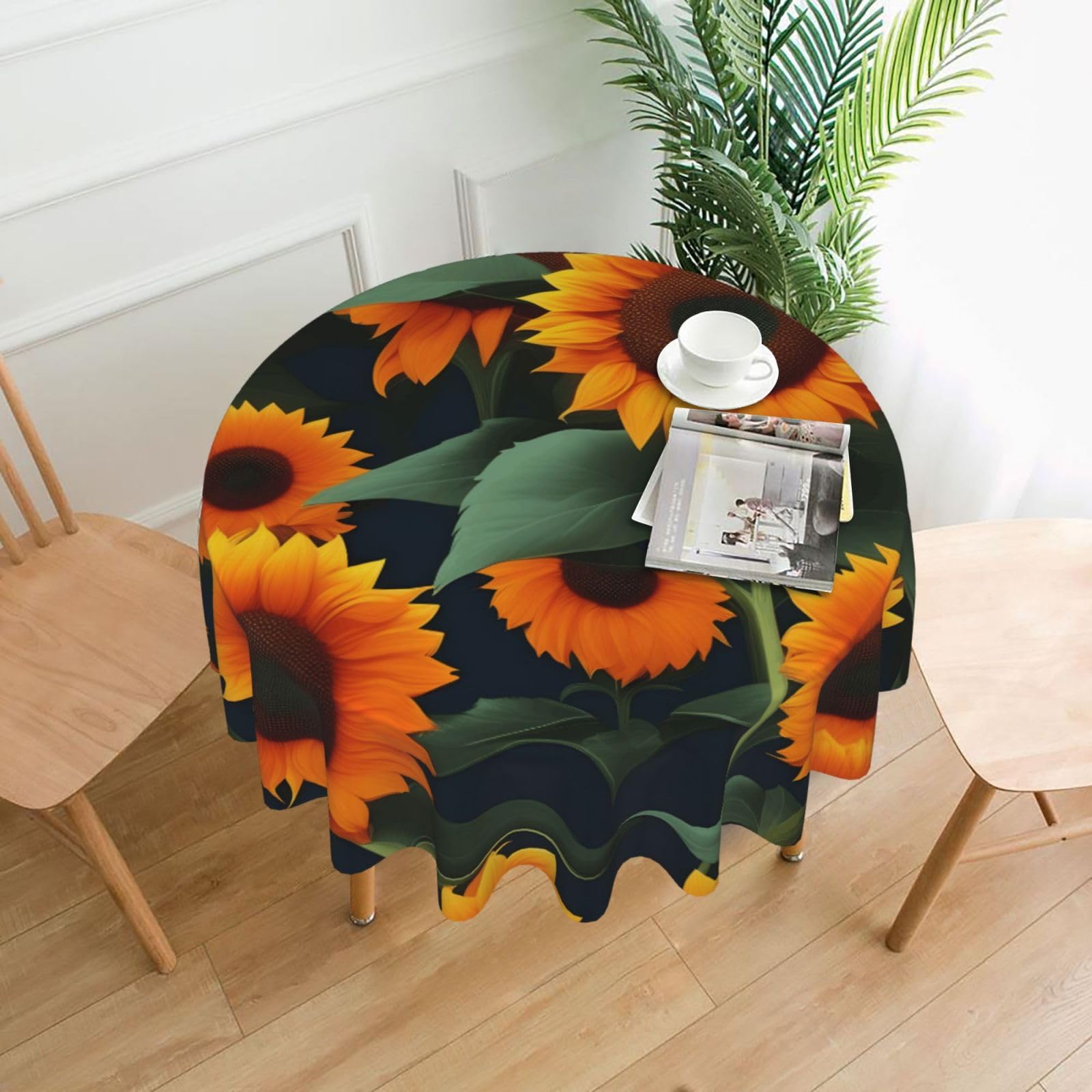 SDEGTHO Orange Sunflower Print Modern Retro Round Tablecloth 60in Polyester Fabric Cover for Party Dining Table Washable