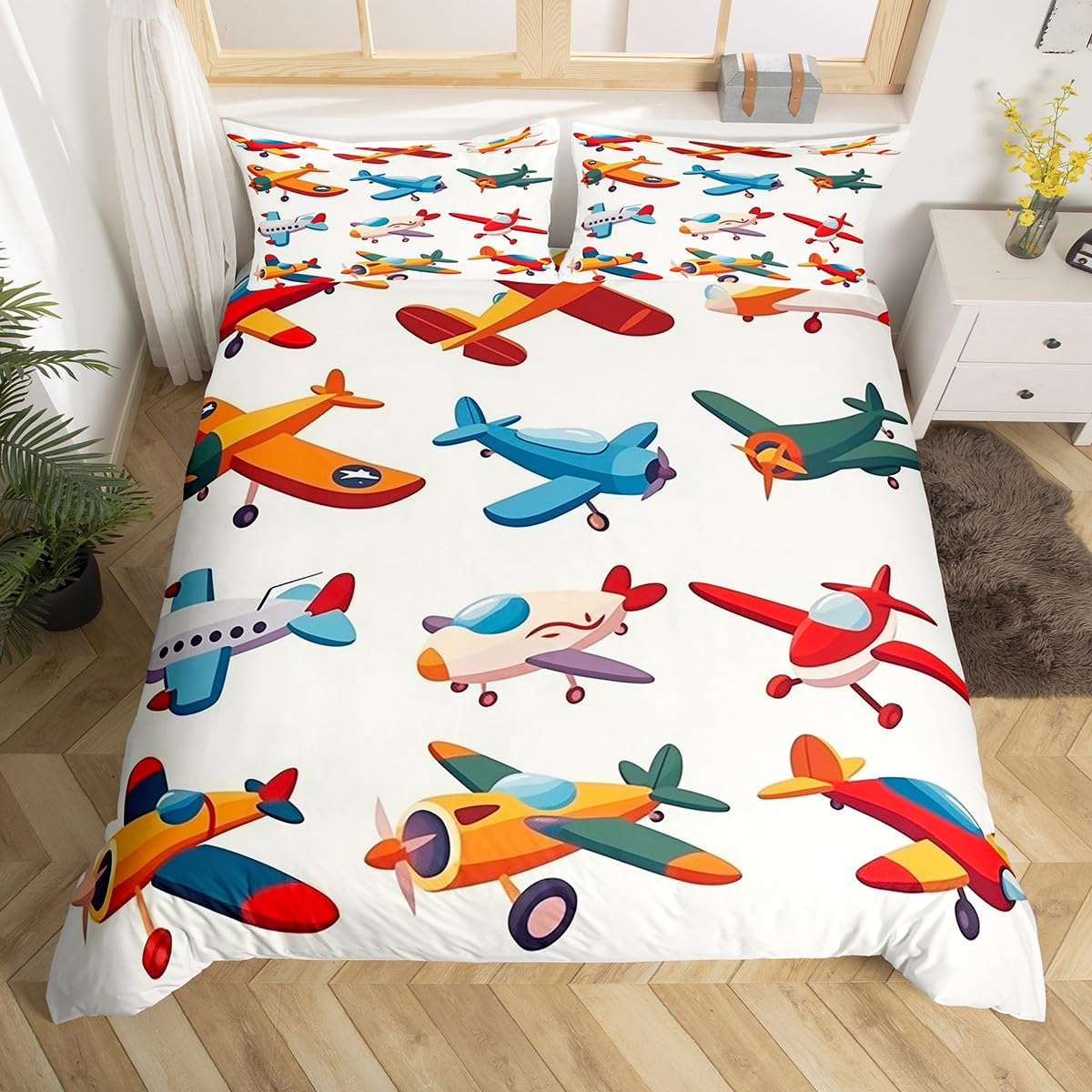 Cartoon Aircraft Duvet Cover King for Kids Boys Youth, Cute Colorful Air Transport Bedding Set, Various Airplanes Pattern Duvet Cover Set, Vintage Planes Bed Sets — image 1