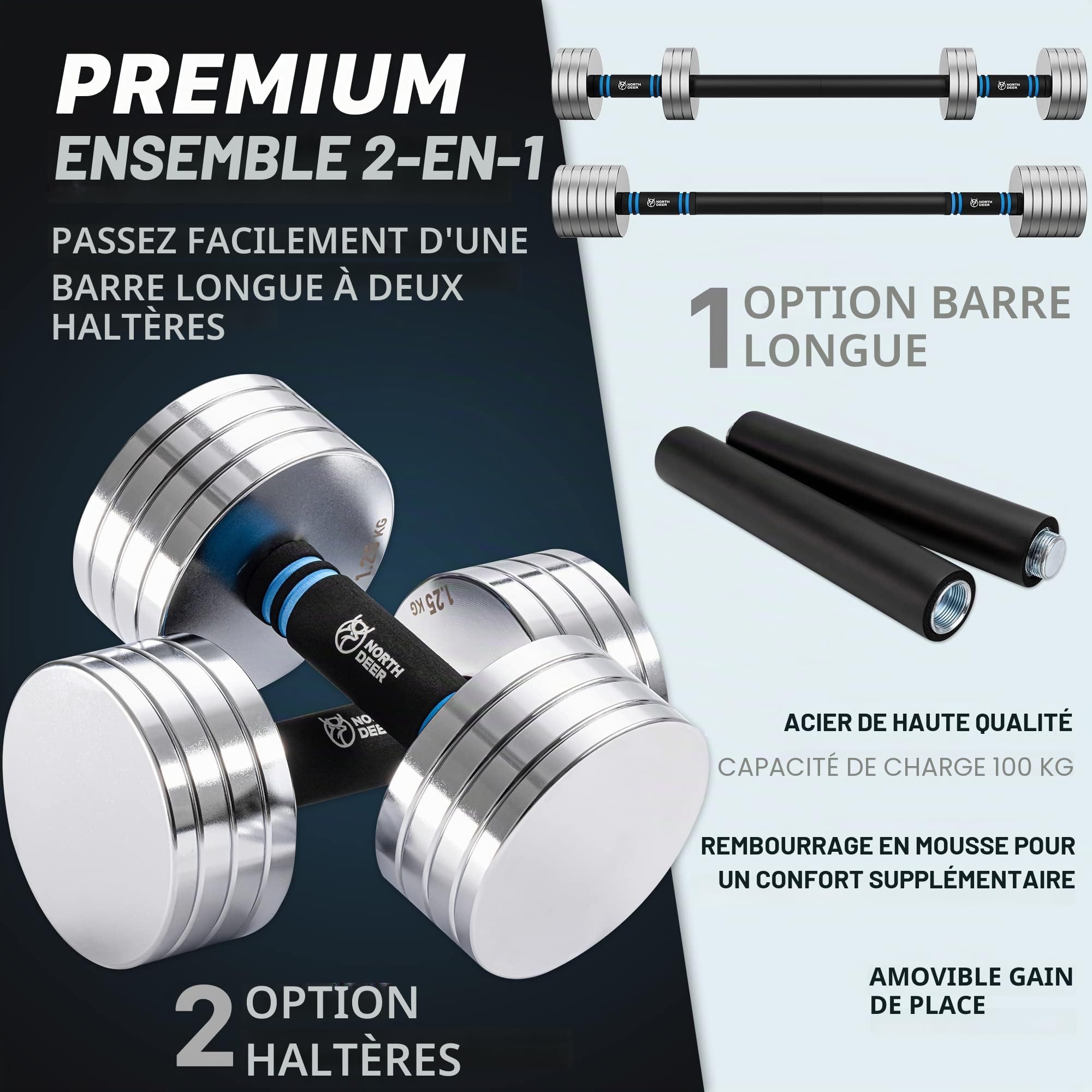 Northdeer Lot de 2 haltères 2 en 1 - Réglables - En acier - 10 kg - Poids ultra compact : 2,5 kg, 3 kg, 5,5 kg, 7,5 kg, 8 kg, 10 kg - Avec barre de connexion pour fitness, entraînement, gym, maison