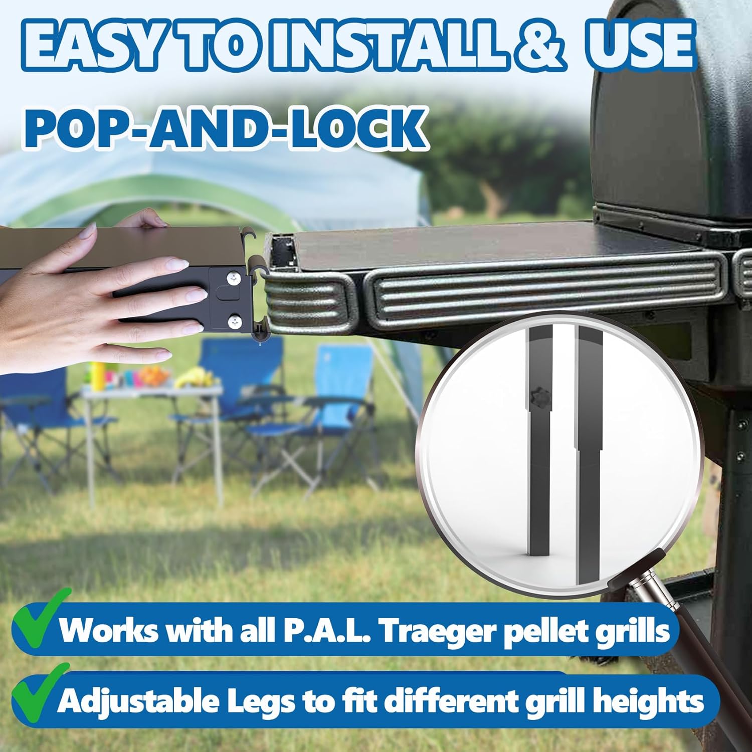 SafBbcue Grill Table for Traeger Woodridge Pro/Elite Pellet Grill Accessories, Pop-and-Lock Front/Side Table for Traeger Ironwood Timberline XL Pellet Grill and Smoker, Adjustable Legs, Extra Space