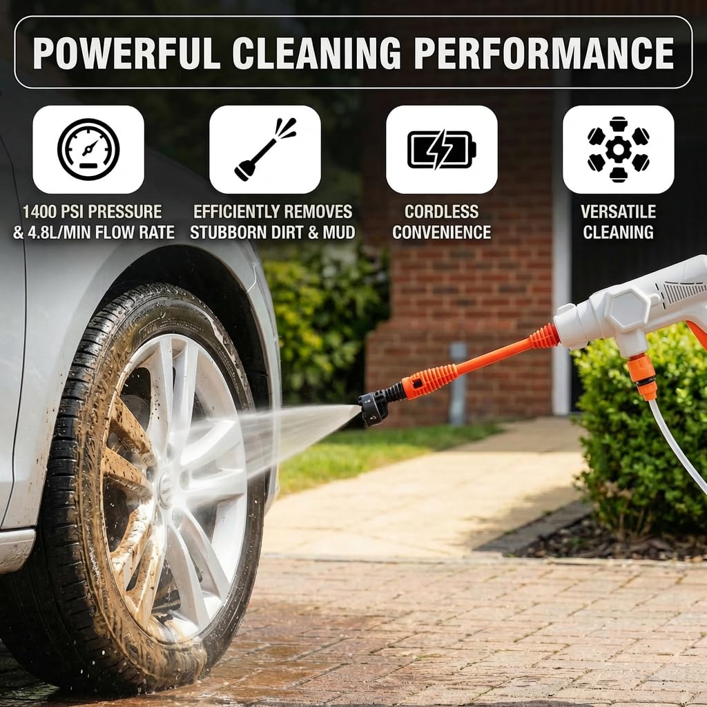 Kalopsia Idropulitrice Portatile a Batteria:Potente Pressione 1400 PSI Con Spruzzatore 6 in 1 Multifunzione Leggera Wireless 21V 4.0Ah Per Auto Giardino Casa - Adatto Per Outdoor Famiglie - 3