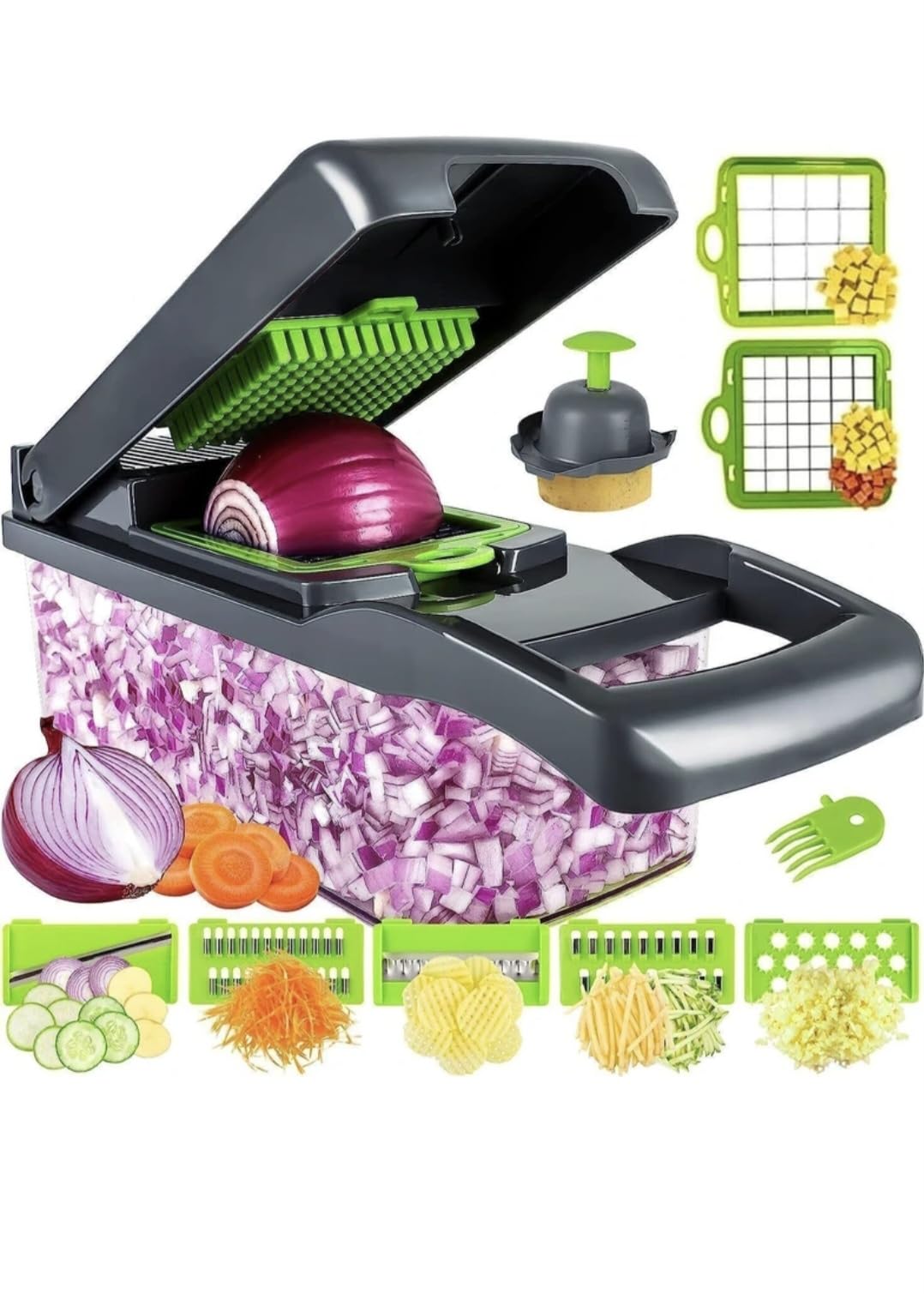 Vegetable Chopper with Container, Multi-Blade Dicer, Slicer, Grater, Onion Cutter, 14-in-1 Kitchen Tool Set-image-42