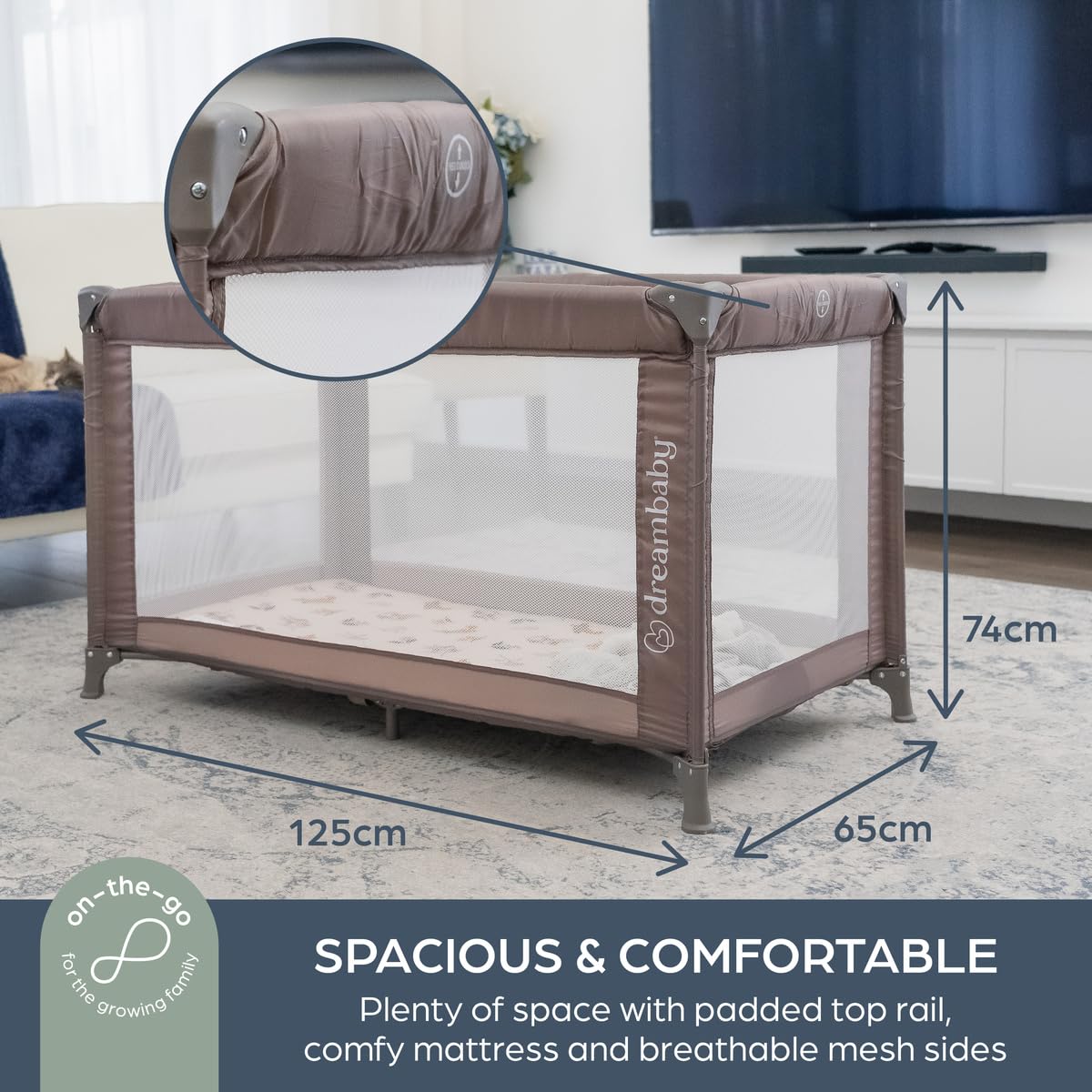 Dreambaby Quest - Lettino da viaggio full size, leggero, dalla nascita a 15 kg, facile da piegare e compatto, borsa da viaggio, 120 cm x 60 cm, materasso imbottito spesso, grigio talpa