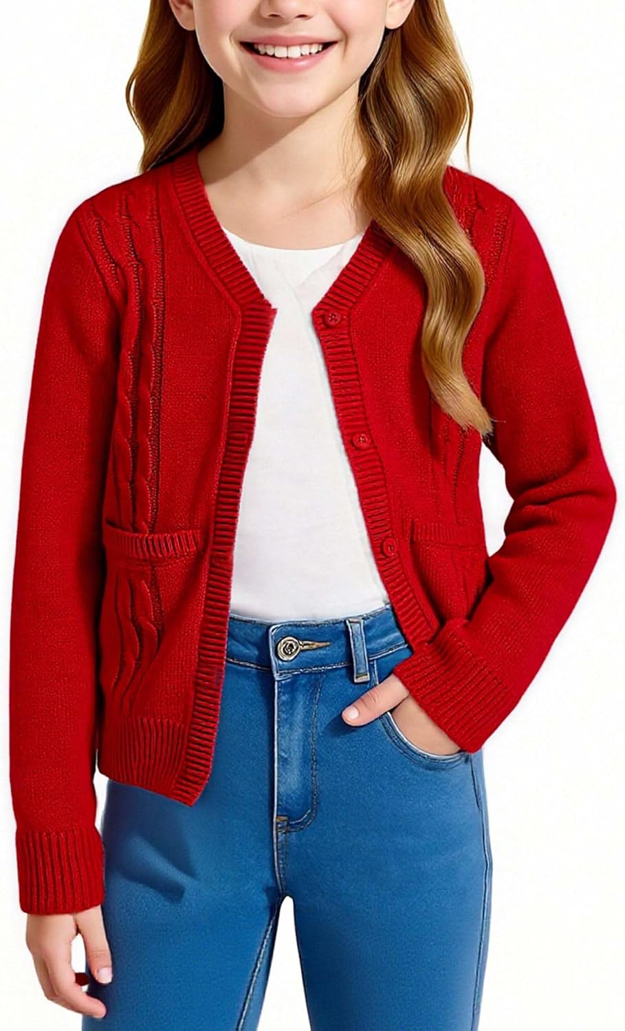 Girls' Cardigan Sweater Long Sleeve Button Down Knit Sweater with Pockets School Uniform Outerwear 4-13 Years