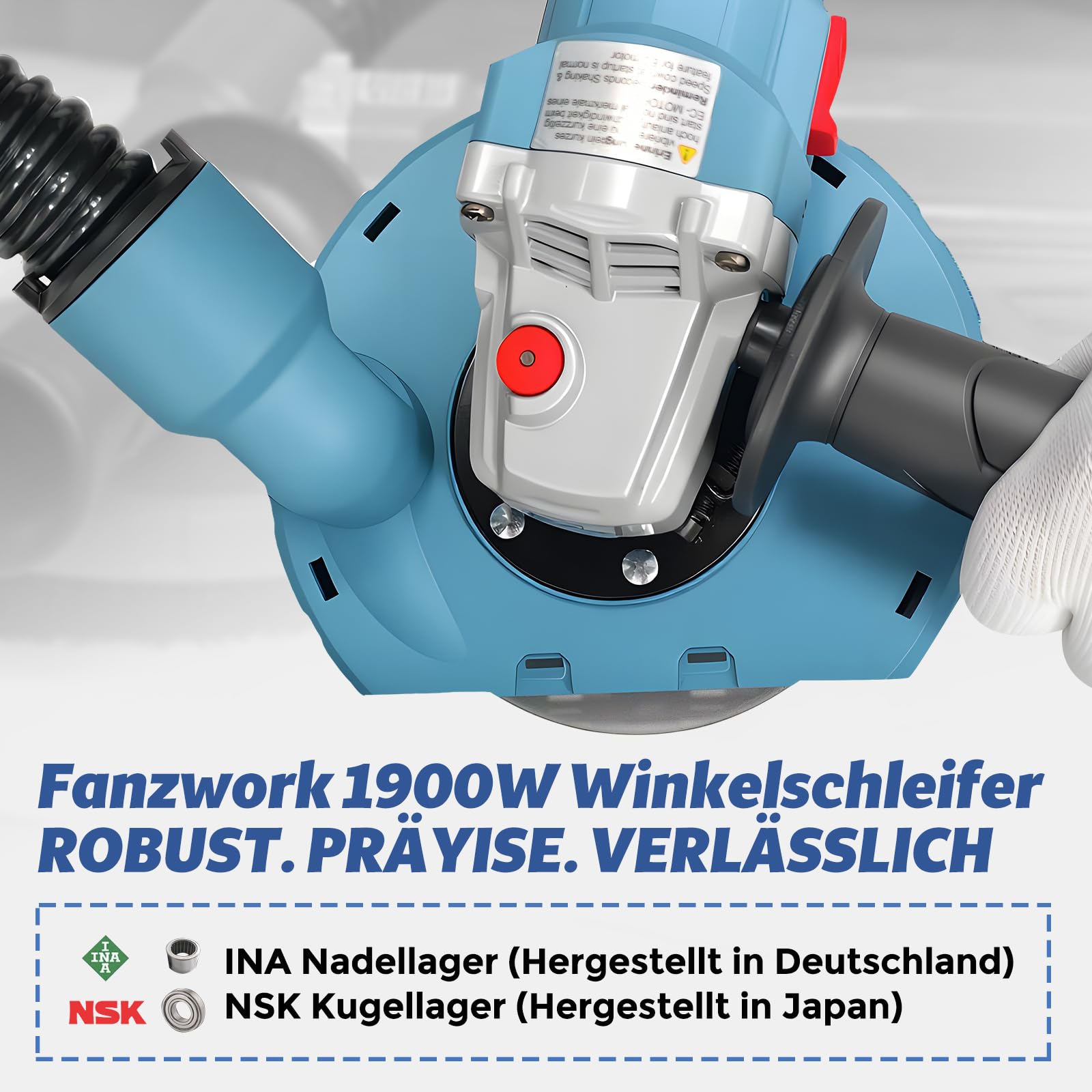 FANZWORK 1900W(MAX) Betonschleifer Winkelschleifer Set mit Bürstenloser EC-Motor, Betonfräse mit 125mm Diamantschleiftopf *1, Absaughaube *1, Tragbox *1, Präzises & Wartungsfreies Schleifen