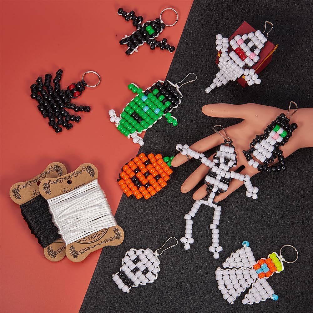 SUNNYCLUE 1 Box DIY Make 9PCS Halloween Theme Bead Pets Kit 8mm Pony Beads Assortment Box Set with Keychain, Keyring & Lanyard Clips, Instruction