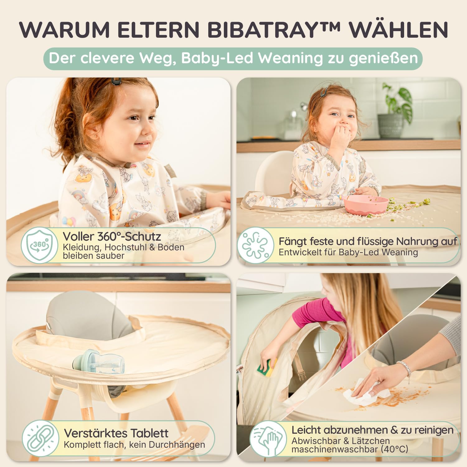 BIBATRAY™ L – Extra Großes Breifrei/BLW Beikost-Tablett & Ärmellätzchen-Set – Wasserdichte Ganzkörper-Schürze – Universeller Hochstuhl-Schutz – Kompatibel mit IKEA Antilop – Ab 6 Monate