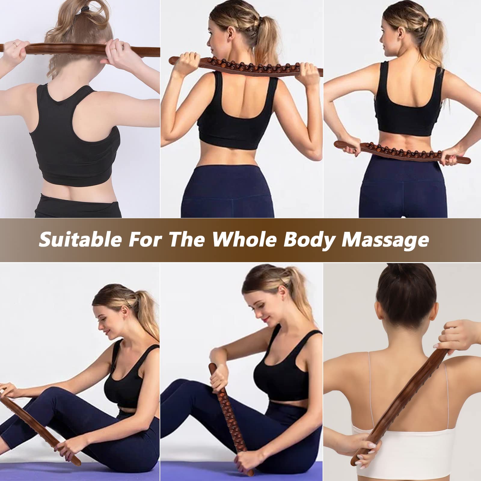 Guasha - Herramientas de madera para masaje de terapia de madera, herramientas de masaje para dar forma al cuerpo, rodillo de masaje de espalda de 31 cuentas, masajeador de drenaje linfático para dar