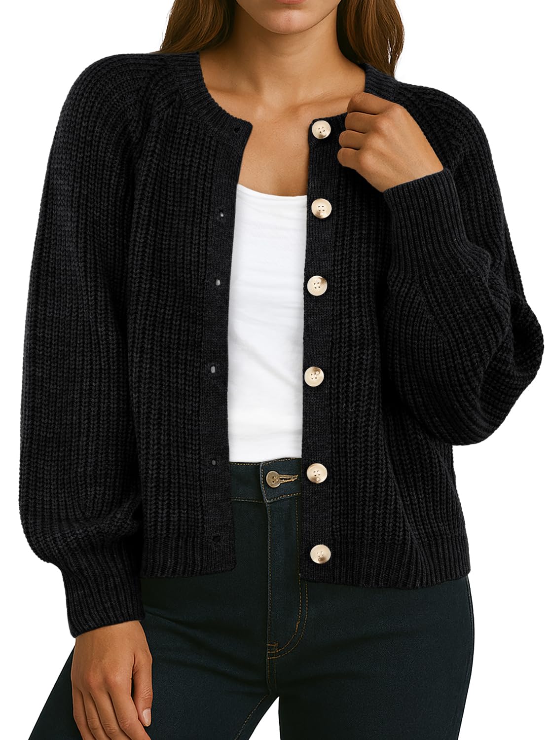 GRECERELLE Womens Chunky Open Front Sweater Long Sleeve Button Knit Short Loose Cardigan Outerwear S-2XL