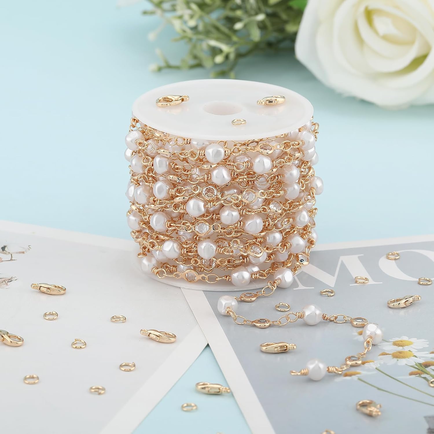 YOUBEIYEE 4 Meters Gold Plated Chain for Jewelry Making Artificial Pearl Chain Roll with Jump Rings and Lobster Clasps Jewelry Supplies Findings