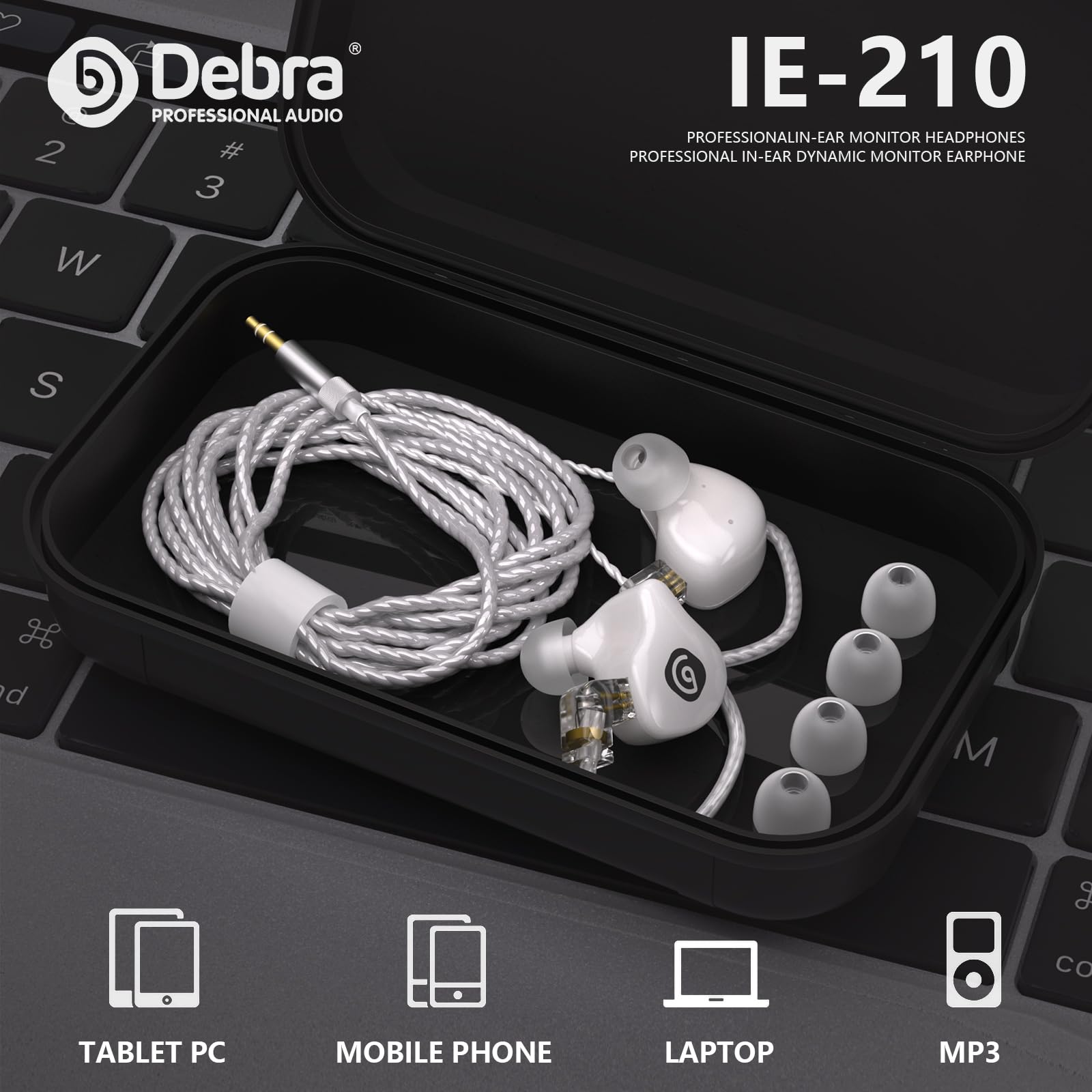 D Debra IE-210 Cuffie con Filo In Ear Monitor Professionali - Auricolari con Filo IEM per Musicisti, 2 Pin Rimovibile, Basso Distorsione, Hi-Fi per Palco Studio (Bianco)
