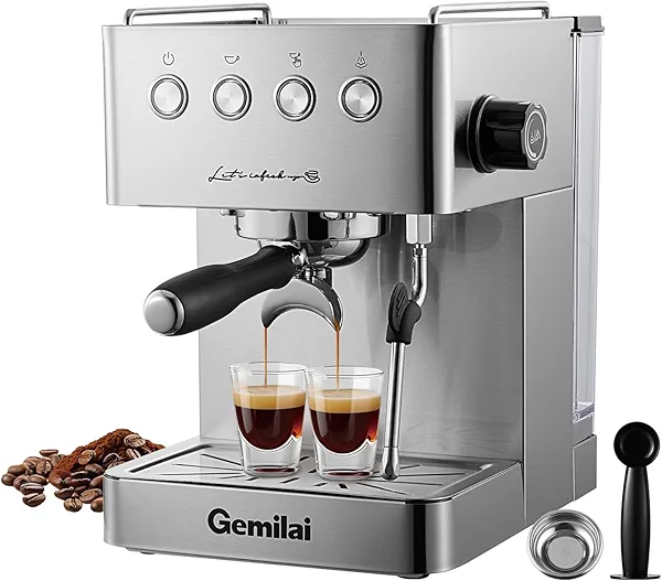 Gemilai Espresso Machine, Espresso Maker with Milk Frother Steam Wand & 57OZ Water Tank for Latte Macchiato Cappuccino, Brushed Stainless Steel G3005E