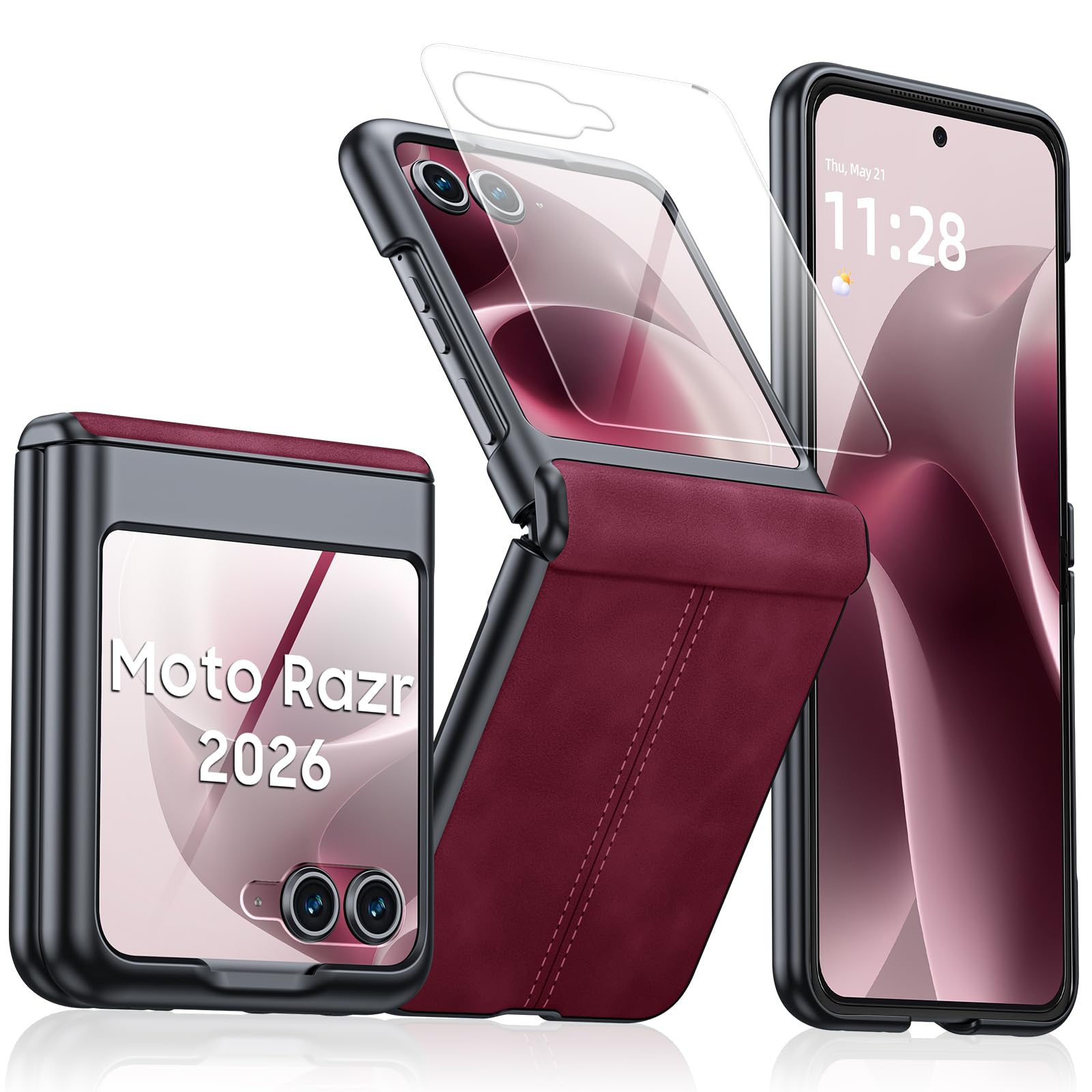 for Motorola Razr 2026 Case with Hinge Protection &amp; Built-in Outer Screen Protector, Ultra-Thin PU Leather Matte PC Shockproof Cover, Slim Protective Phone Case for Moto Razr 2026-Red