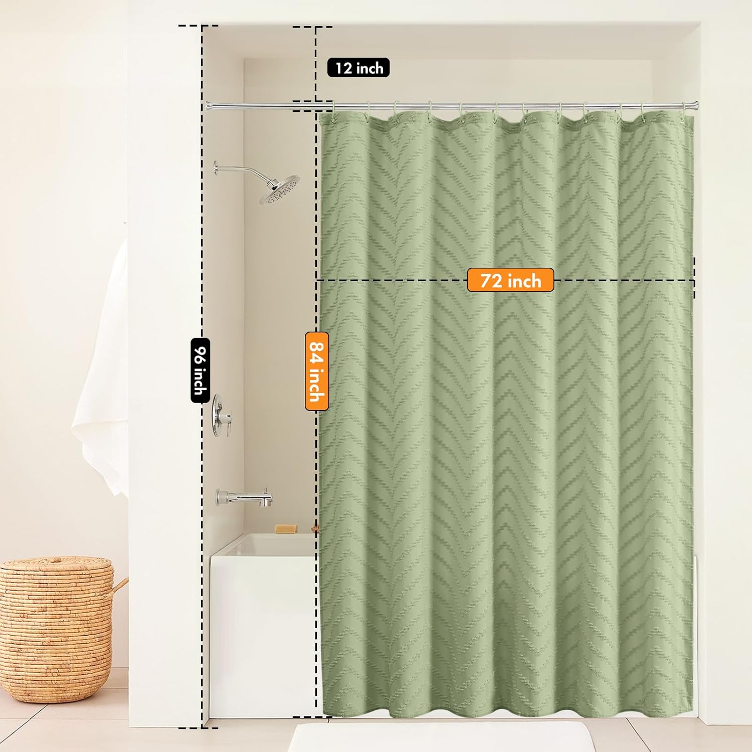 Green Boho Shower Curtain - 72 x 84, Tufted Chevron Textured Striped Fabric, Modern Minimalist for Bathroom