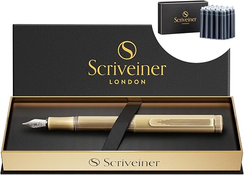 Scriveiner Luxury EDC Fountain Pen Medium, Stunning Heavy Bronze Pocket Pen, Hand Brushed Finish, Bundle with Fountain Pen Ink Cartridges - Blue - 20 Standard International Made in UK
