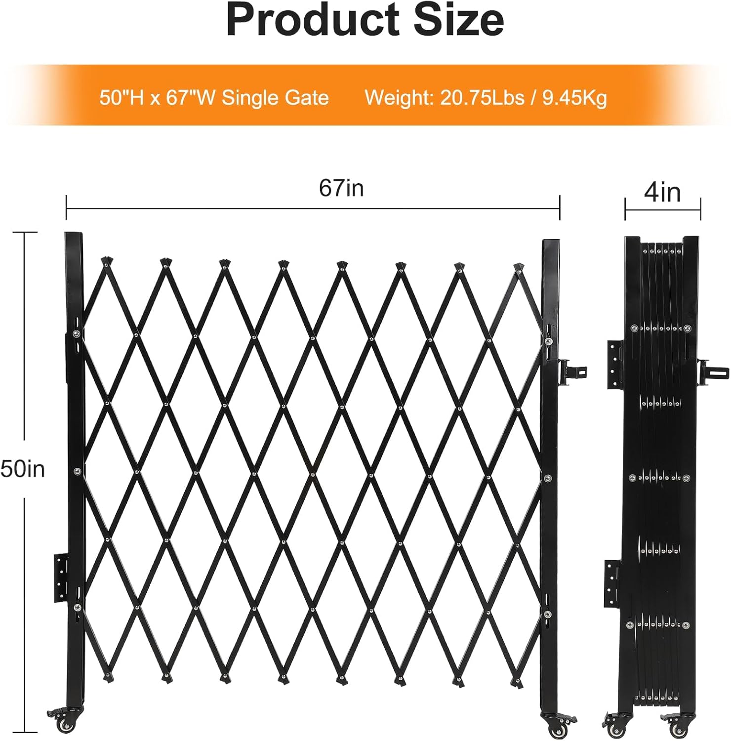 50" H x 67" W Accordion Gate,Single Folding Security Gate,360° Rolling Barricade Retractable Driveway Gates，Outdoor Retractable Fence, for Road Safety,Pet Fence,Temporary Blockade,Garage