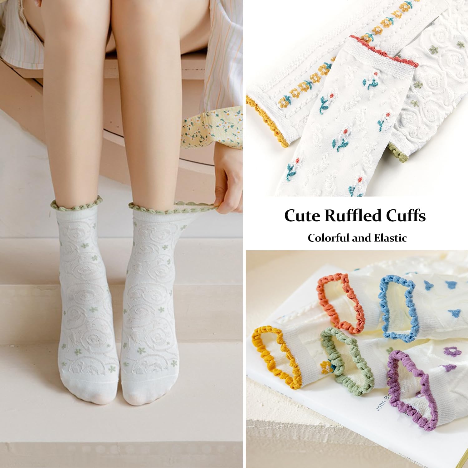 albagu Women's Ruffle Socks, Casual Cotton Cute Novelty Socks, Breathable Crew Socks for Women Girl 5 Pairs - Image 5