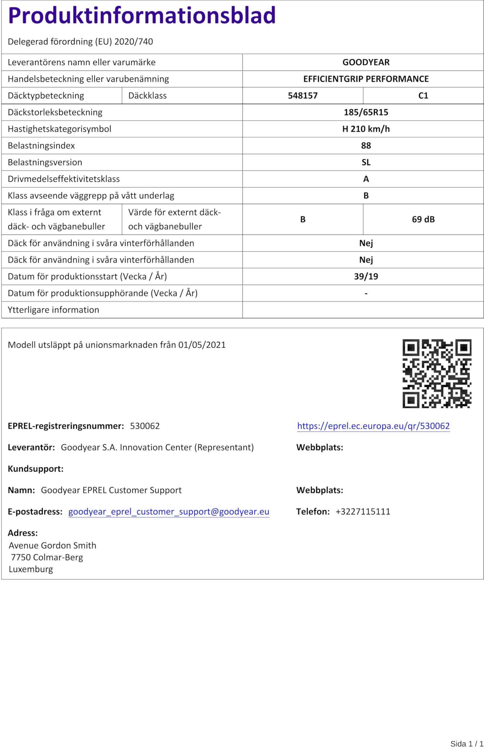 Goodyear 79203 Pneumatico 185/65 R15 88H Efficientgrip Performance