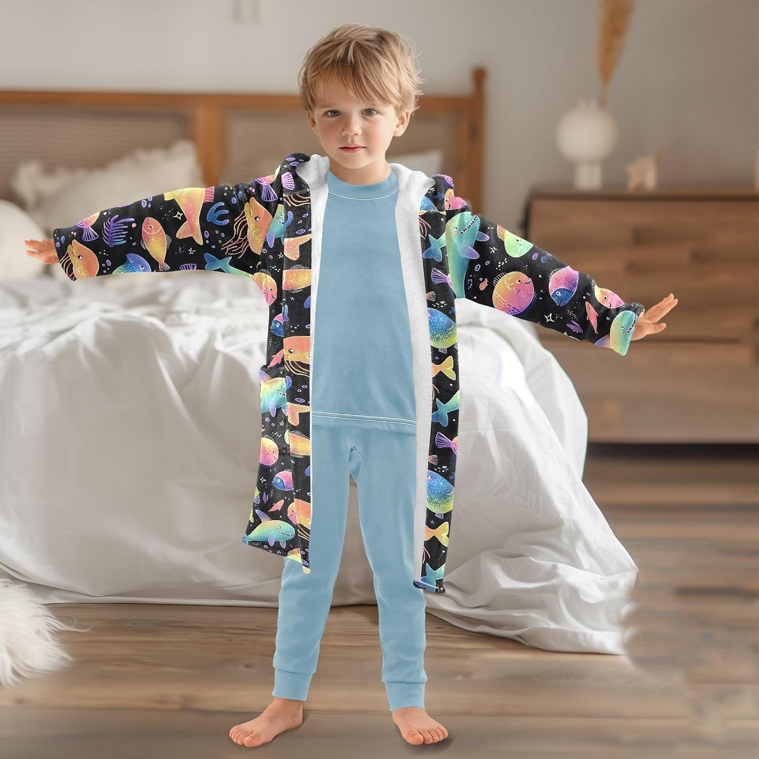 senya Cute Glowing Fish Toddler Hooded Bathrobe Kids Soft Plush Bath Towel Robes for Boys Girls 2-12 Years