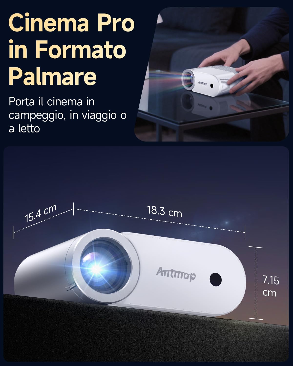Mini Proiettore WiFi e Bluetooth, Proiettore Portatile Home Cinema 1080P per Telefono, 200” Home Theater per Camera da Letto per iPhone/HDMI/USB/TV Stick
