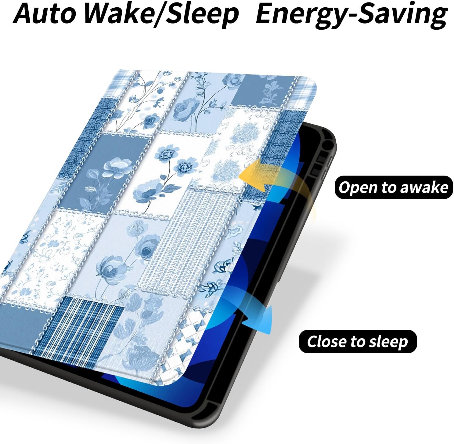 Blue Patchwork Floral Case for iPad mini 7 (A17 Pro) 2024 / iPad mini 6 2021 8.3 Inch with Pencil Holder Multi-Angle Viewing Stand Leather Folio Cover Aesthetic Protective Case