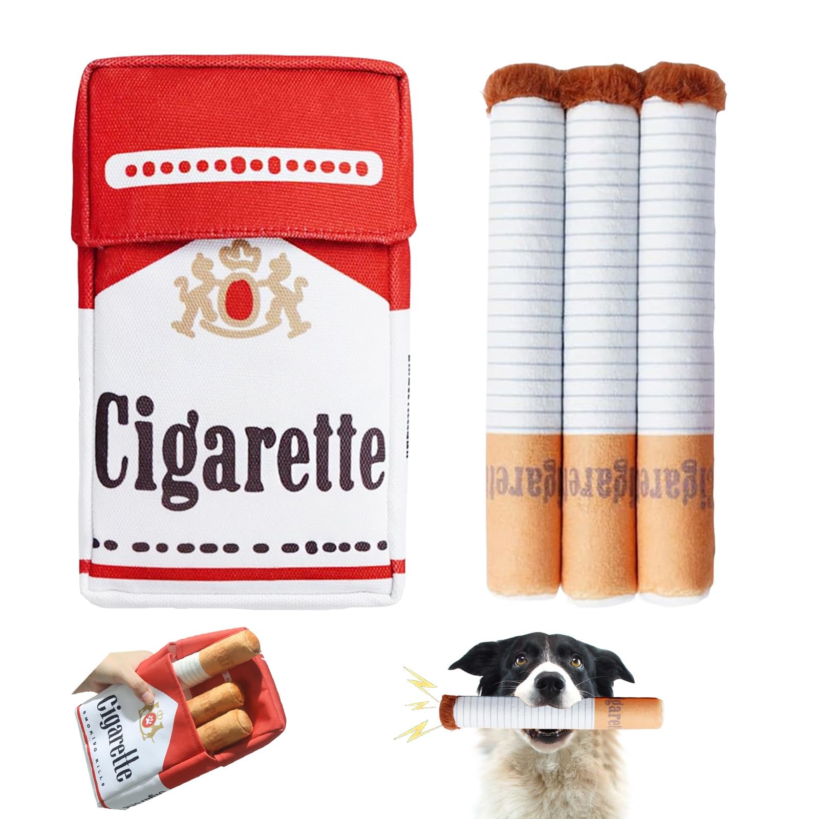 Interactief hondenspeelgoed, sigaret, sigaretten-hondenspeelgoed, piepend met doos, grappige sigaretten, vormig pluche honden, zelfspeelgoed, hondenspeelgoed, puppyspeelgoed voor kleine tot