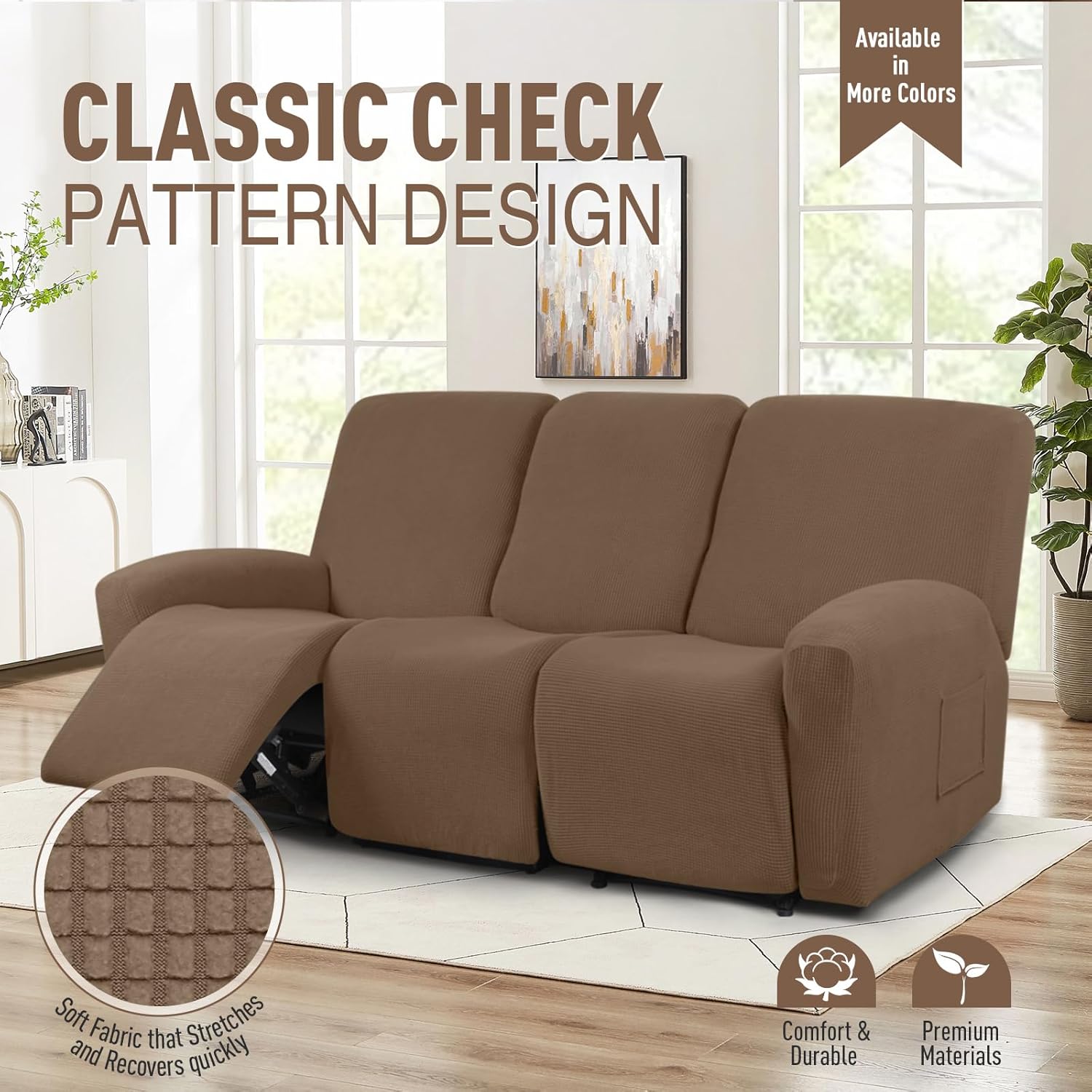 TAOCOCO Recliner Loveseat Cover with Middle Console & Recliner Chair Covers & Recliner Sofa Covers for 3 Seat, Khaki