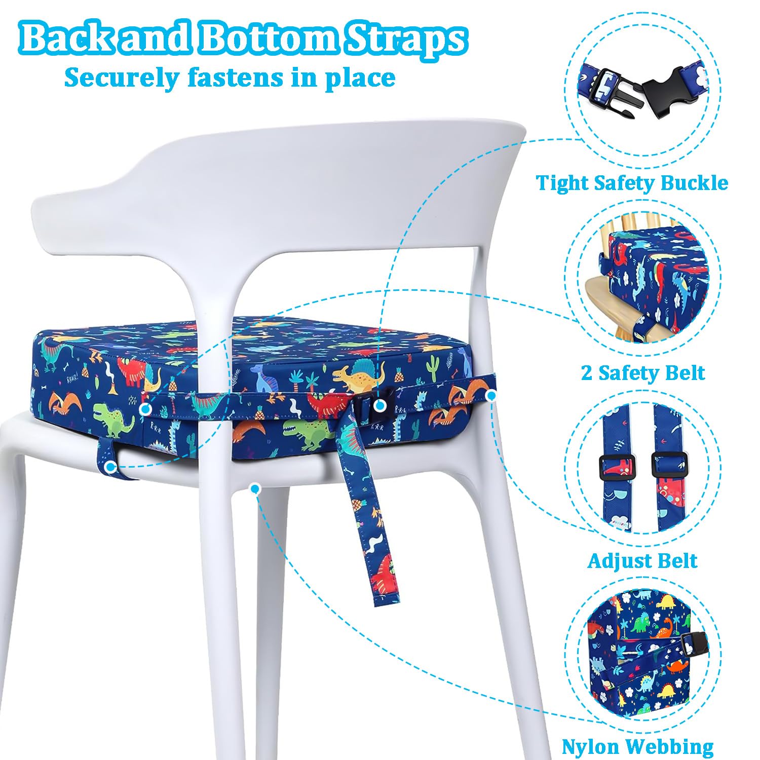 Asiento elevador para silla de comedor, desmontable, lavable, cojín creciente con 2 correas ajustables, hebilla de seguridad, parte inferior antideslizante, almohadillas para sillas de comedor de