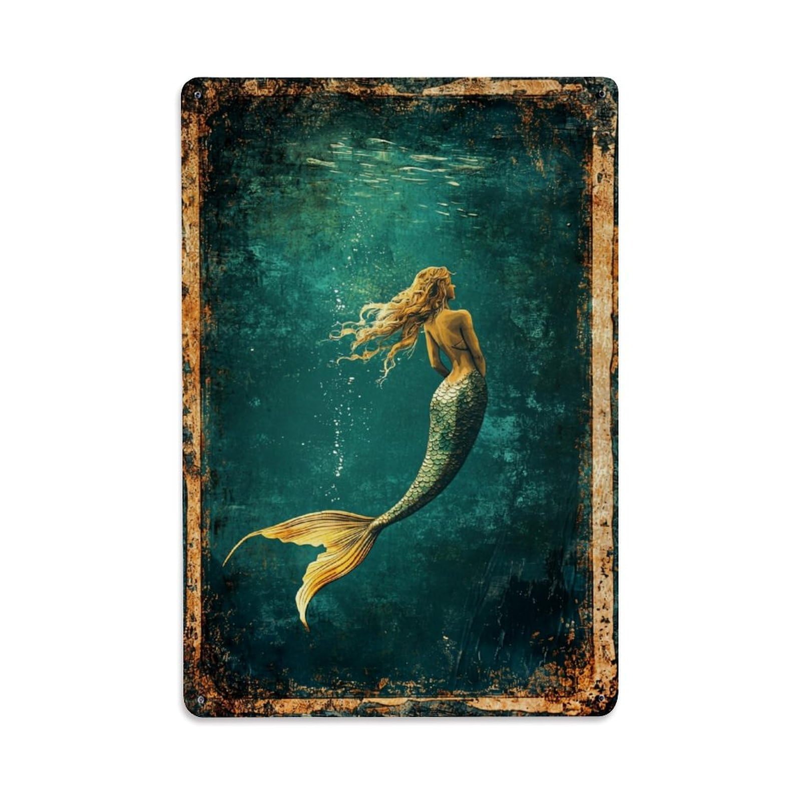 Jdfenggu Vintage Mermaid Underwater Fantasy Art Print Retro Metal Tin Sign, Decor Art Poster For Bar, Home, Man Cave, Kitchen, Laundry Room Gift 8X12inch